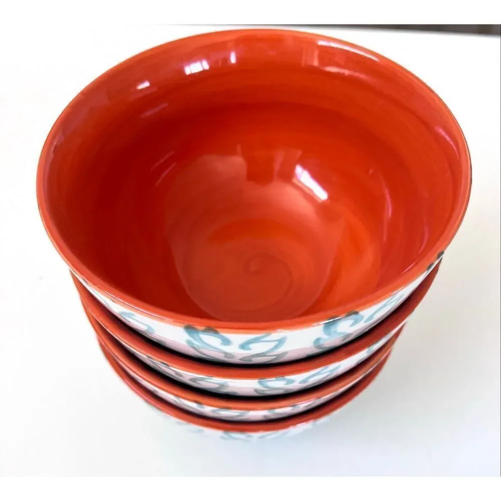 BAUM TANGIER 4- Soup Bowls Turqoise Orange Stoneware Dinnerware Discontinued